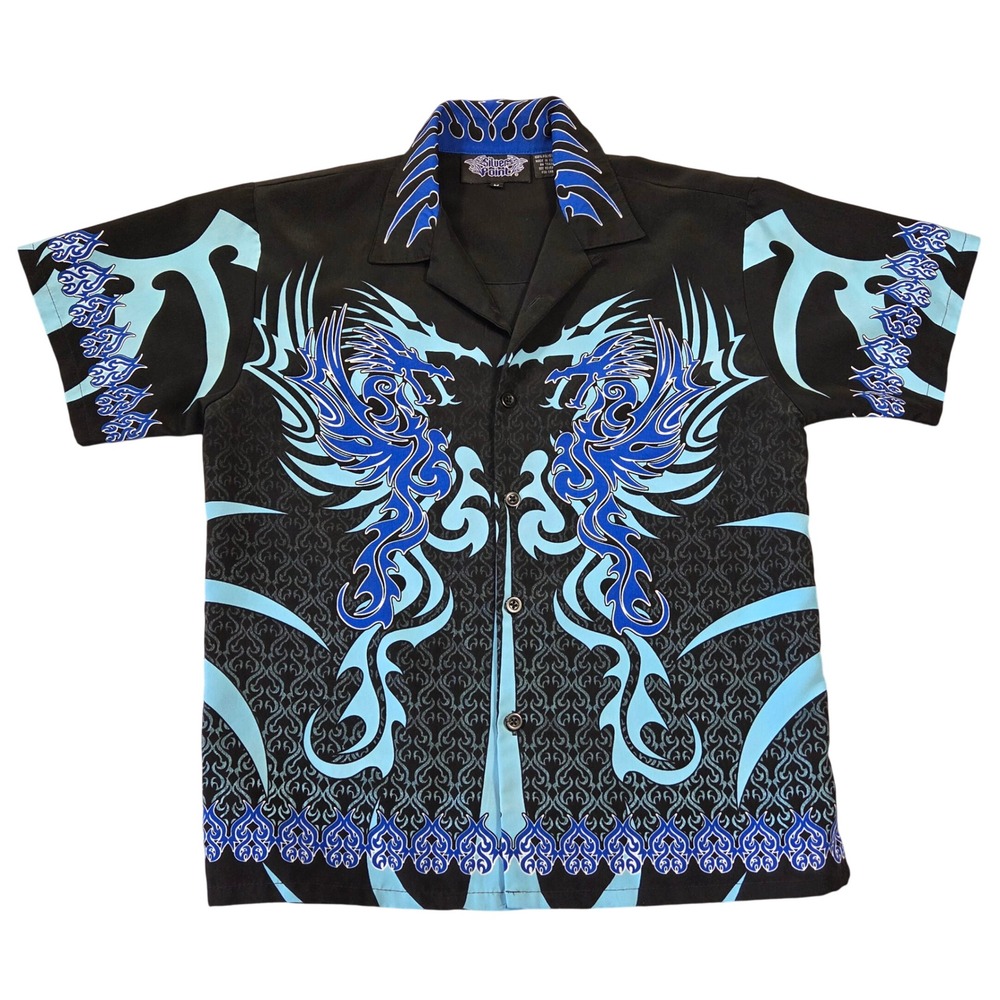 Silver Point Mens Blue Dragon Tribal Flame Shirt Y2K Cyber Button Up M Punk